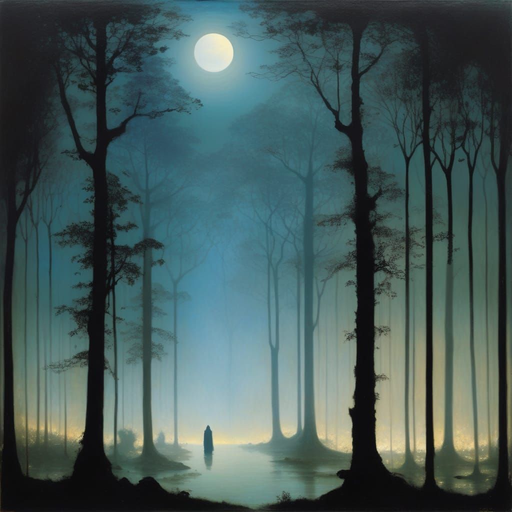 Mystical Moonlit Forest with Ethereal Mist