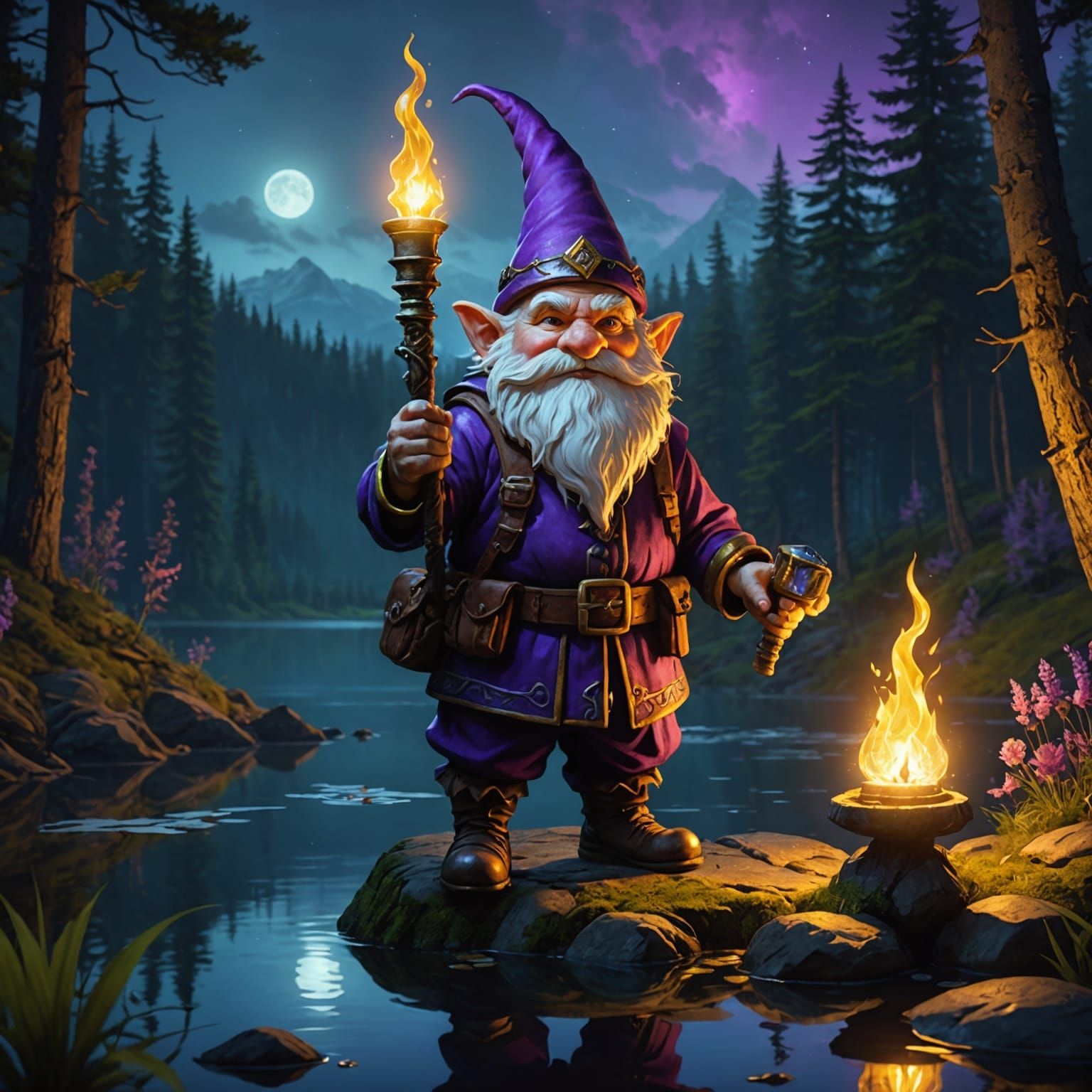 Magic Gnome with Torch in Dark Forest