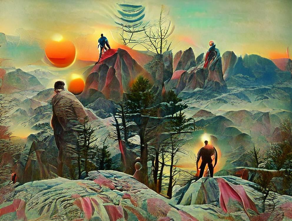 Vintage Sci-Fi Man on Mountain at Sunrise