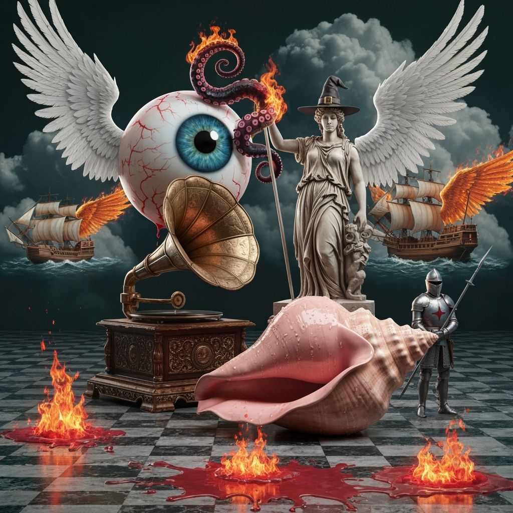 Surreal Dalí-esque Dreamscape with Angelic Eyeball and Fiery...