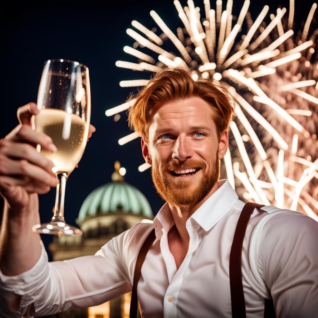 Bavarian Man Celebrates with Champagne in Berlin