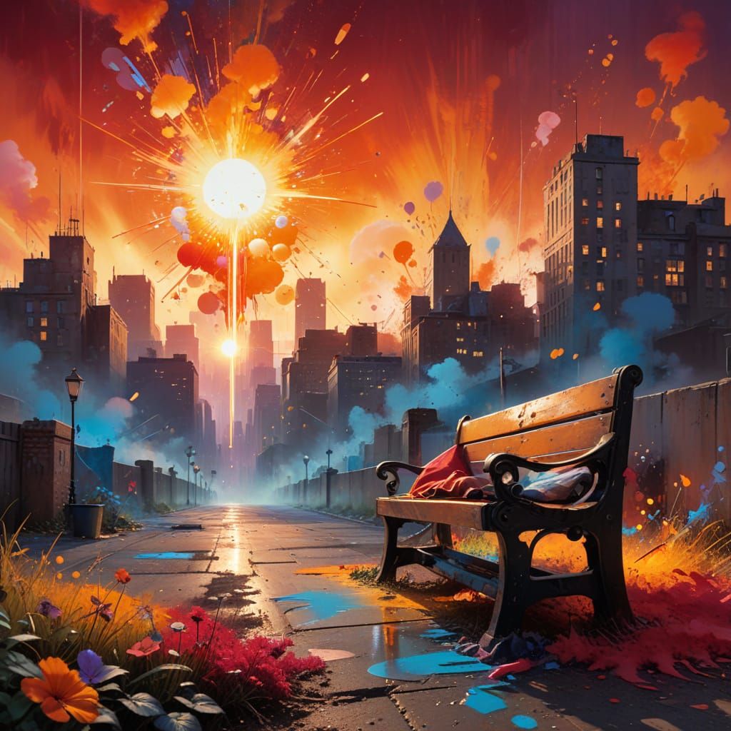 A vast canvas with two softly glowing rectangular fields of color, one hovering over the other. The top field is a warm,...