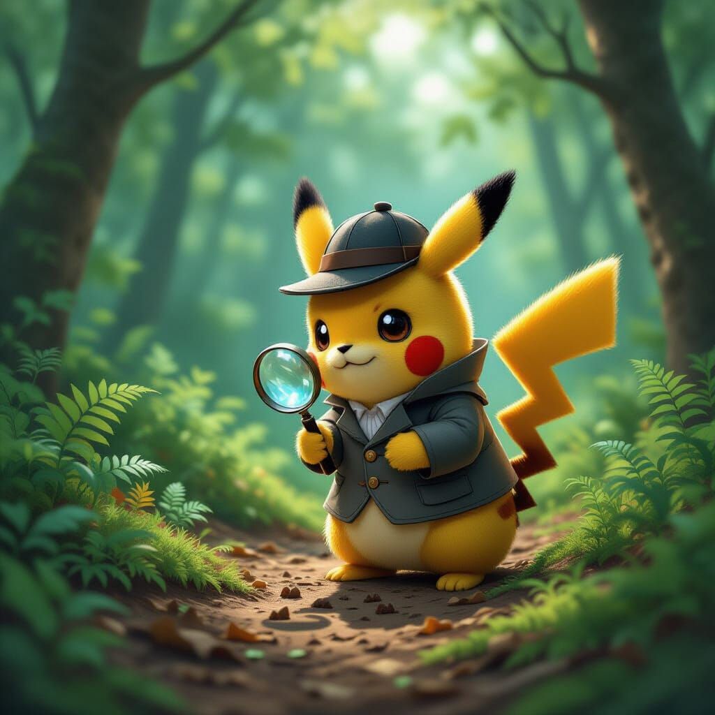 Pikachu the Detective in Hyperrealistic Forest Scene