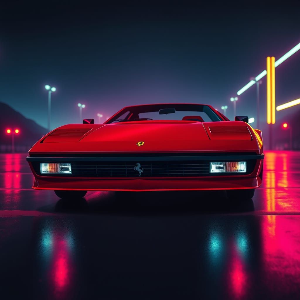 Sleek 1984 Ferrari in Neon Nighttime Scene