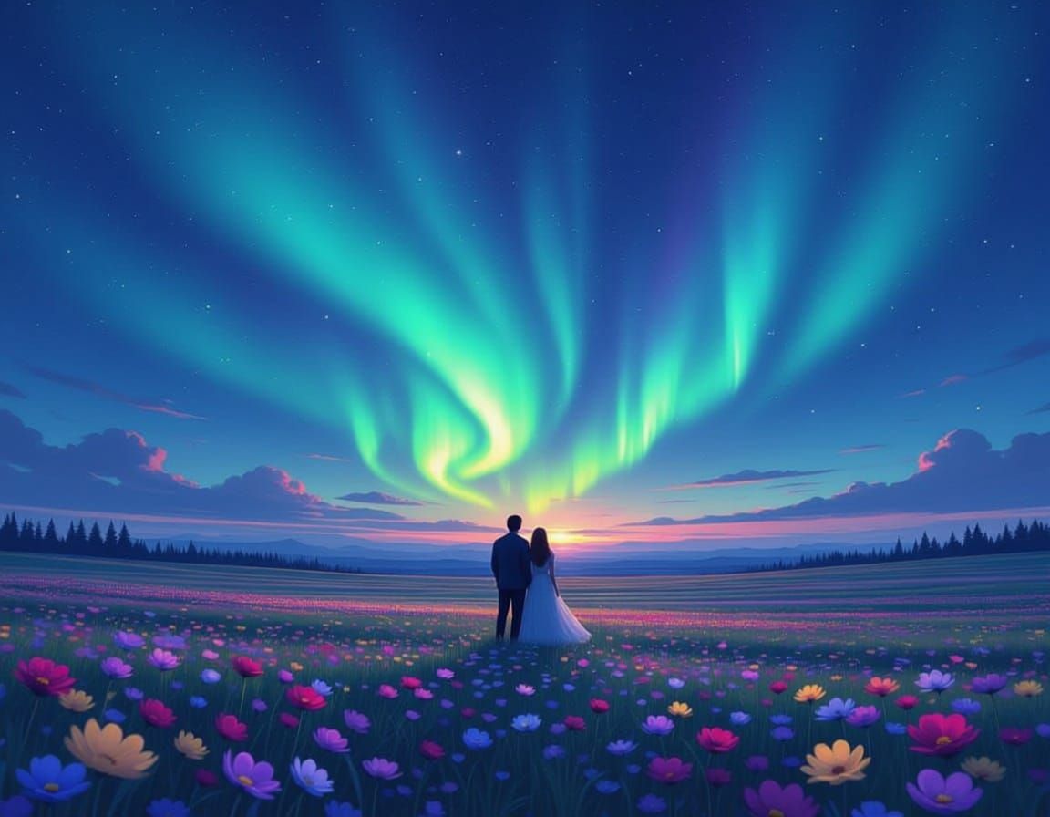 Couple Marvels at Colorful Northern Lights Over Flower Field