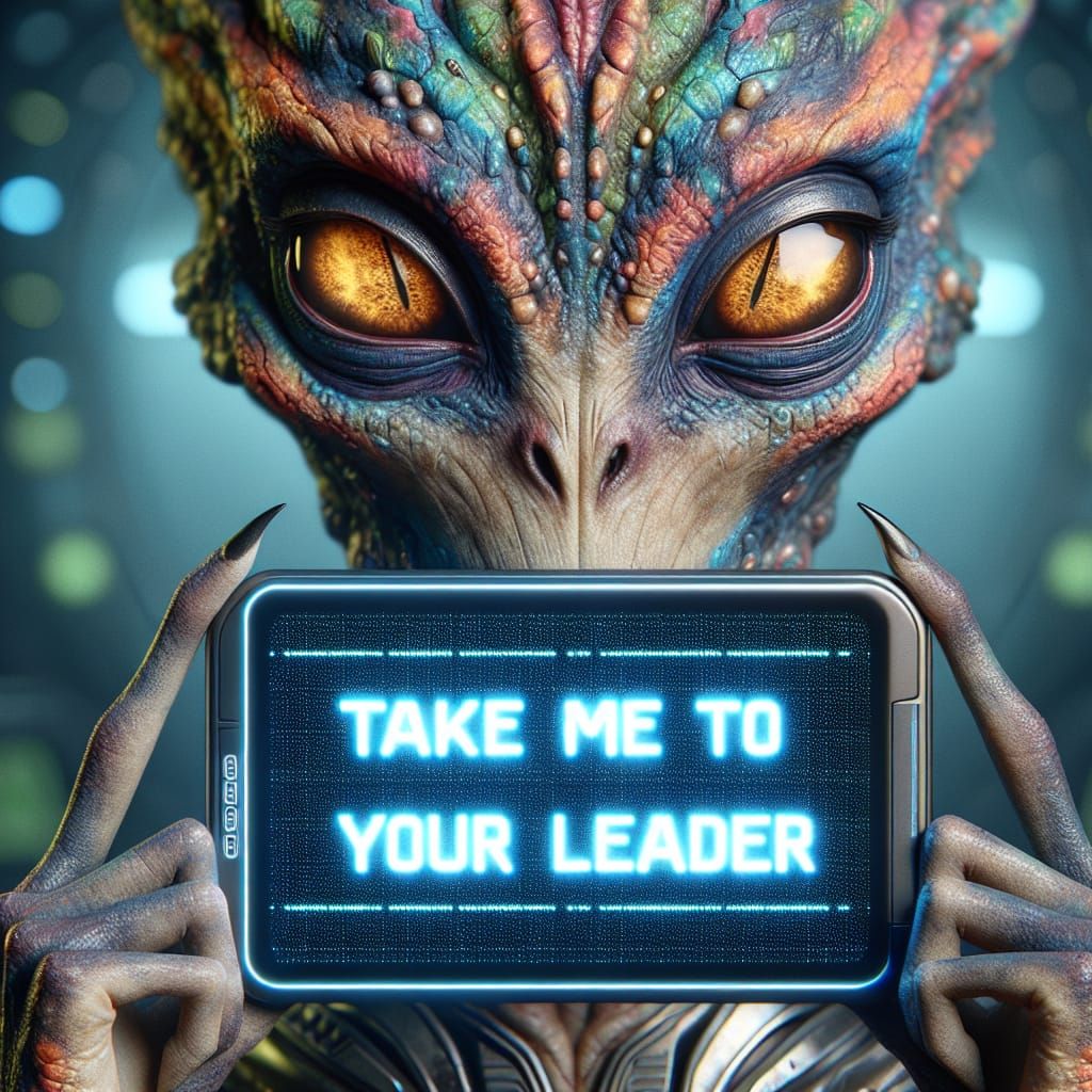 Alien Demands Leader with Futuristic Tablet
