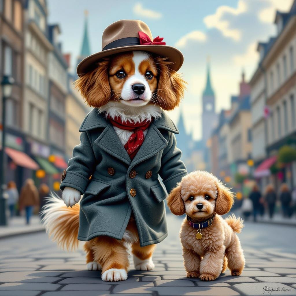 Dapper Dog and Poodle Stroll Through Hyperdetailed Cityscape