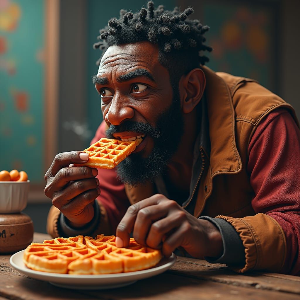 Black Man Eating Waffle in Surreal Digital Art