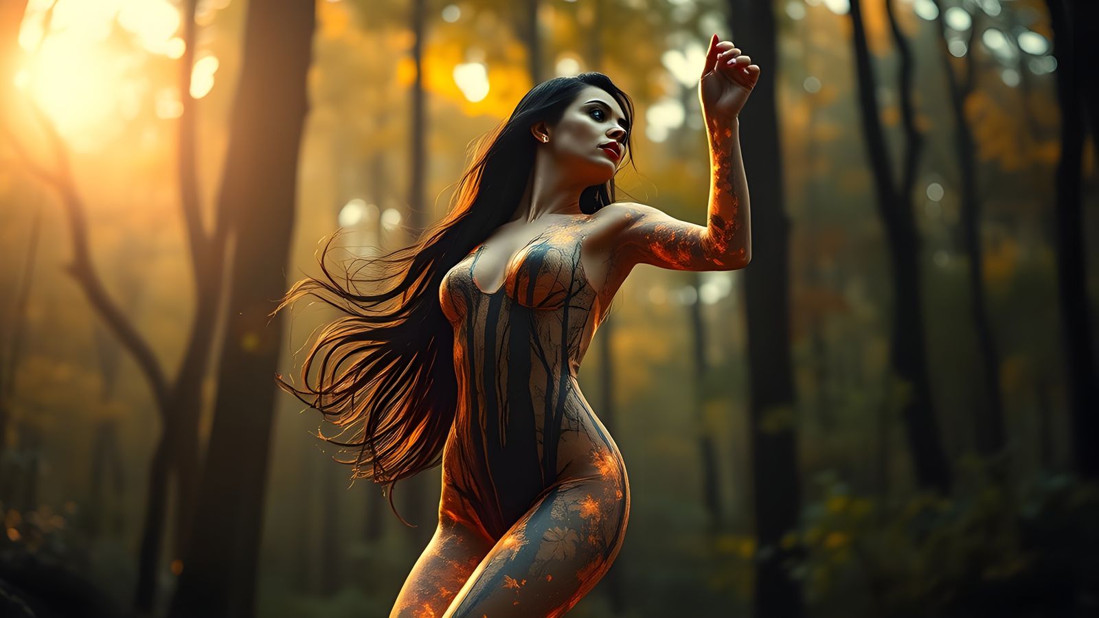 Glass Woman Dancing in Forest, Cinematic Style