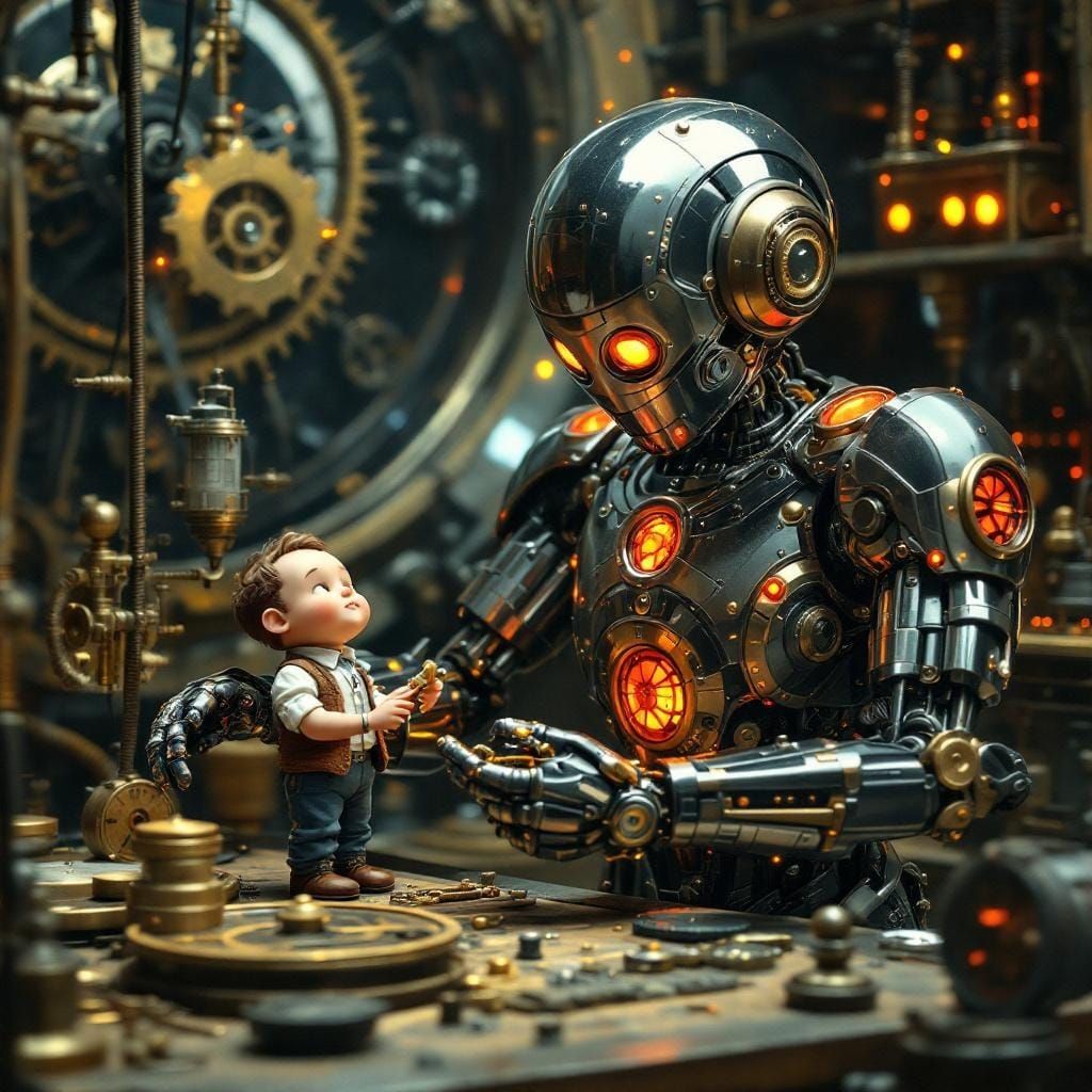Steampunk Robot Repairs Human in Whimsical Setting