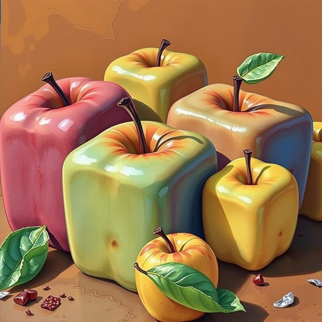 Futuristic Square Apples in Watercolor Style