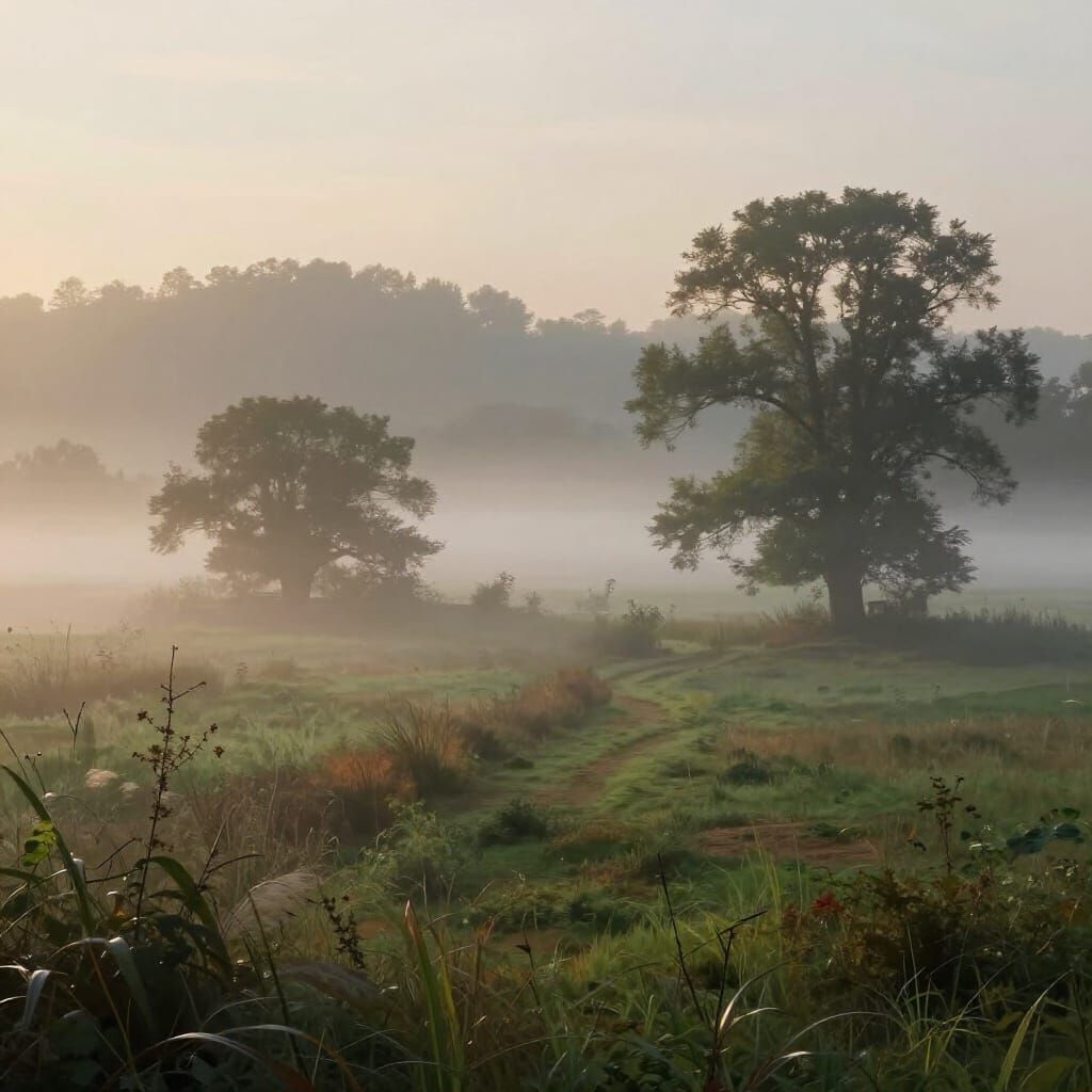 Peaceful Countryside Mist at Dawn Digital Painting