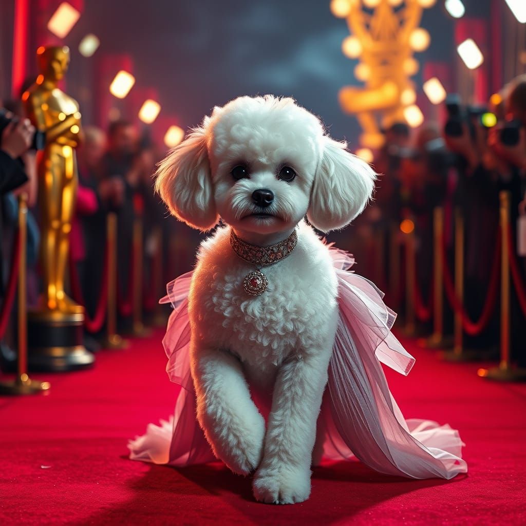 Glamorous Miniature Poodle Struts Oscars Red Carpet in Bespo...