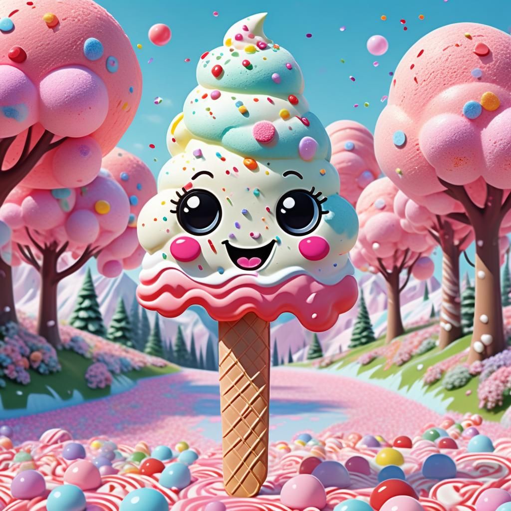 Ice cream popsicle white with big cute chibi eyes with a big...