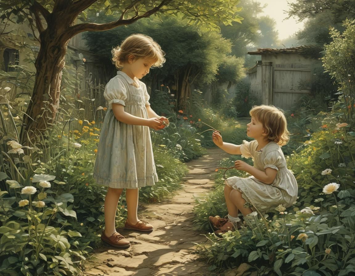 Children Playing in Garden Illustration