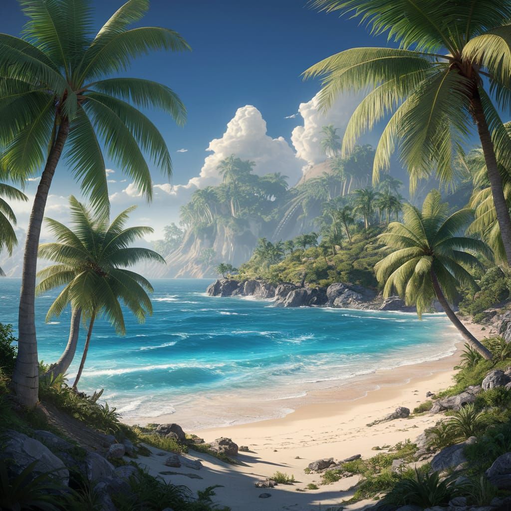 Tropical Beach Paradise in 3D Anime Style
