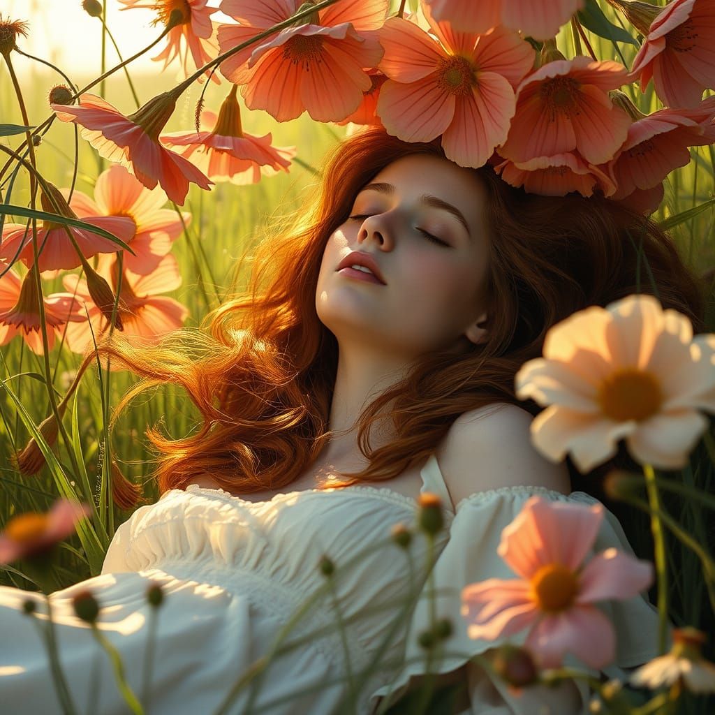 Woman Sleeping Under Giant Wildflowers in Golden Hour Meadow