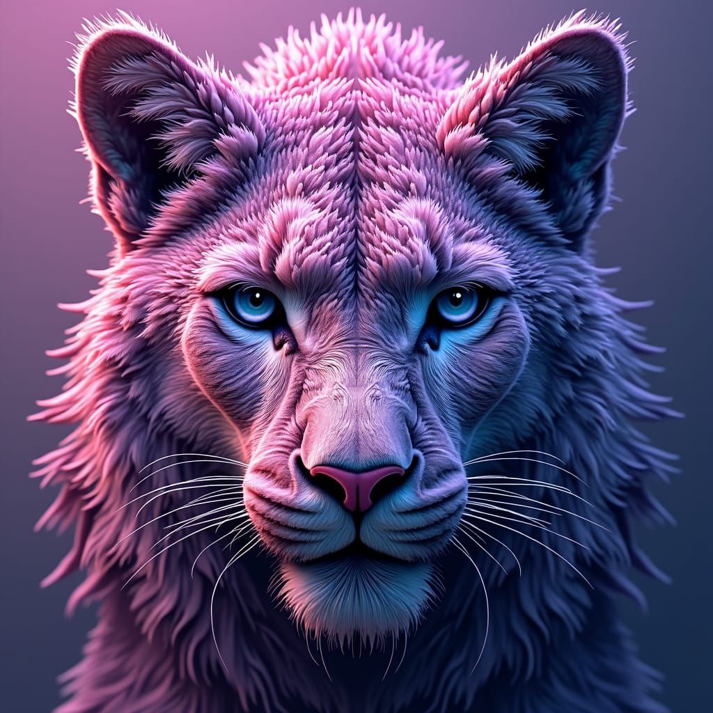 Abstract Purple Mountain Lion Portrait with Zentangle Detail...