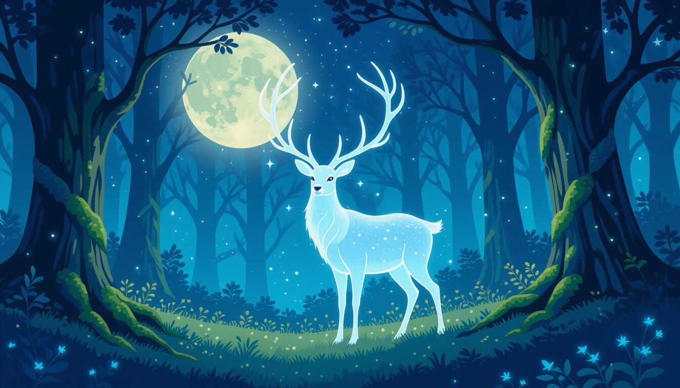 Starlight Deer in Moonlit Forest: Art Nouveau Fairytale
