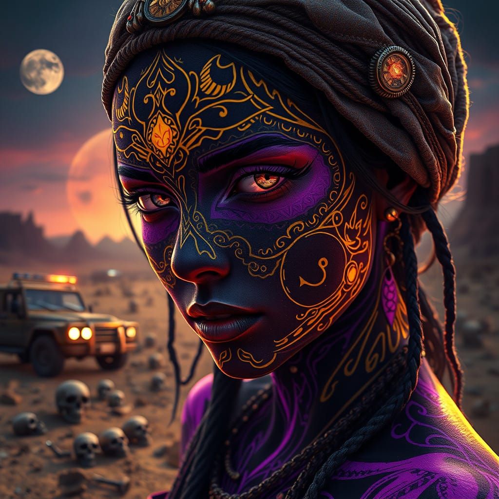 Mystical Desert Nomad Girl in Cyberpunk Post-Apocalyptic Sce...