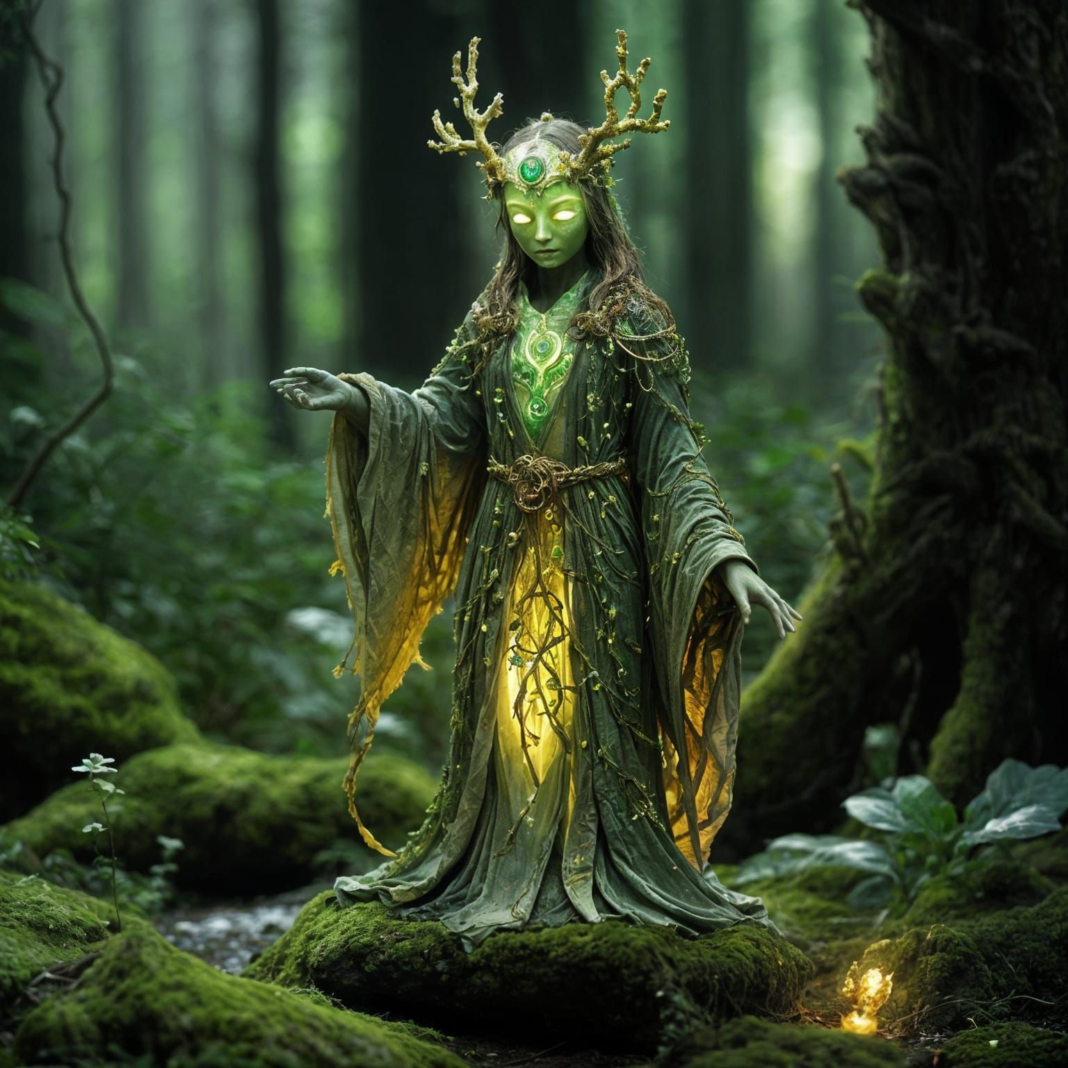 Ethereal Forest Guardian with Glowing Moss Robe