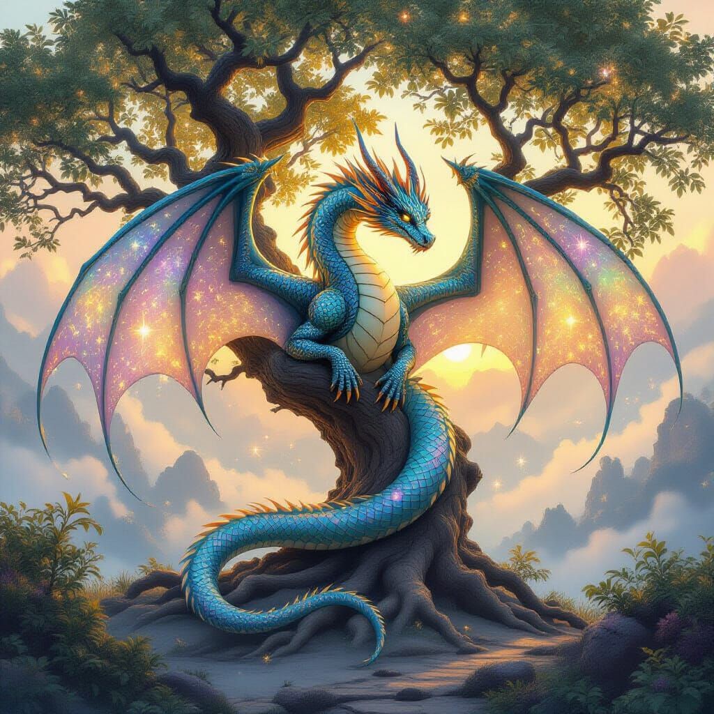 Celestial Dragon Coiled Around Ancient Tree