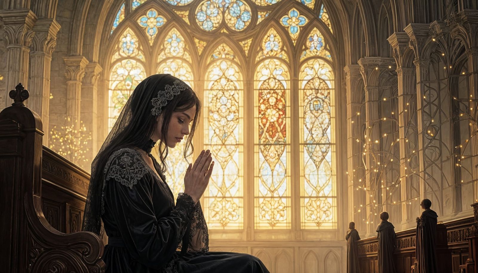 Gothic Woman Praying in Church with Stained Glass