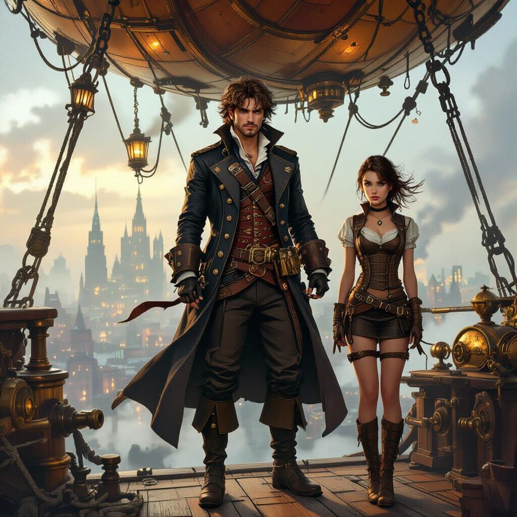 Steampunk Airship Pirate with Prisoner in Victorian Cityscap...