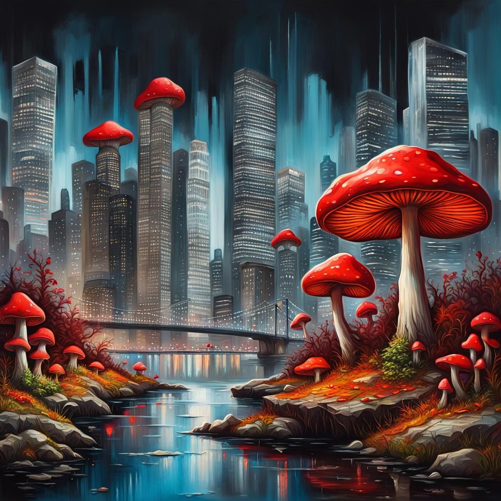 Surreal Cityscape with Giant Mushrooms in Graffiti Art