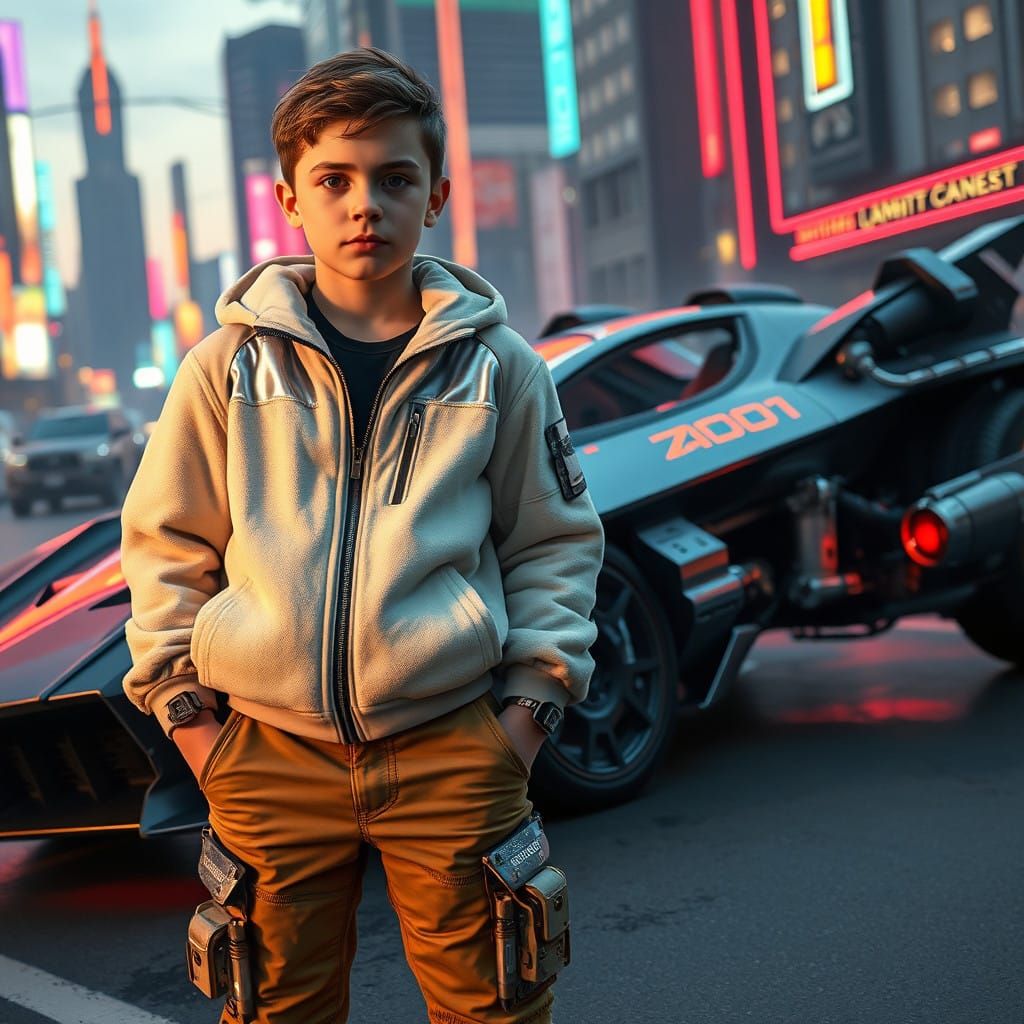 Cyberpunk Boy Stands Beside Futuristic Flying Car-Spaceship....