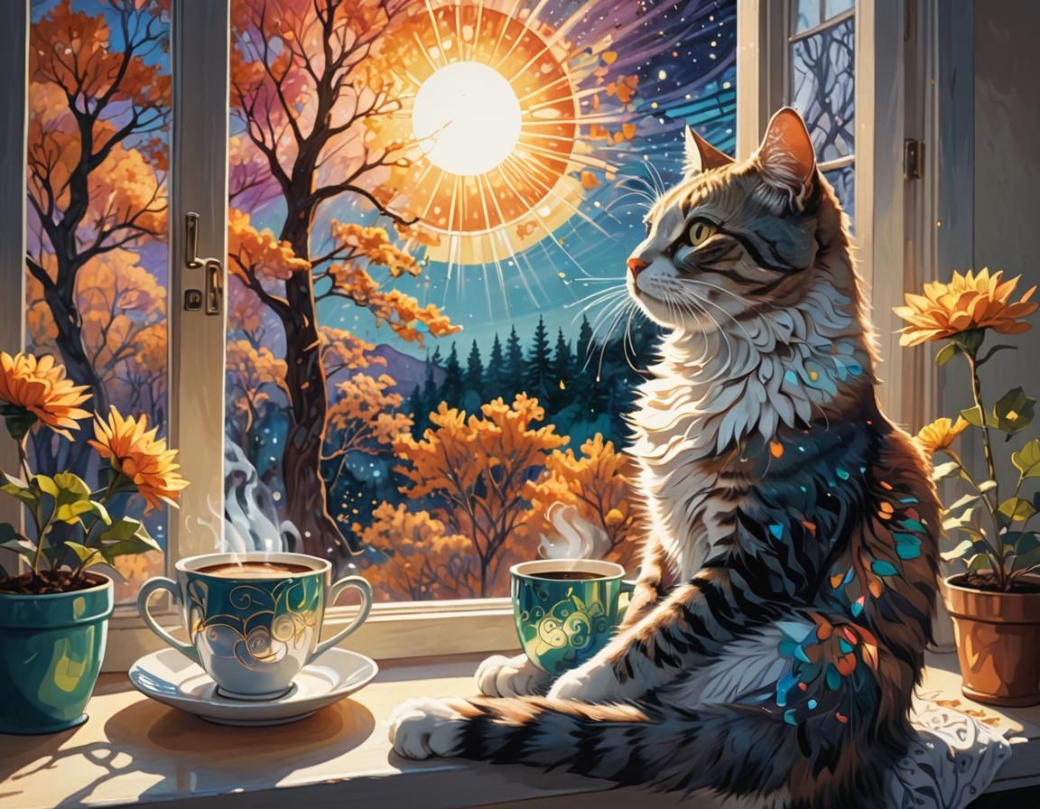 Astral Cat Gazing at November Sun: Visionary Art