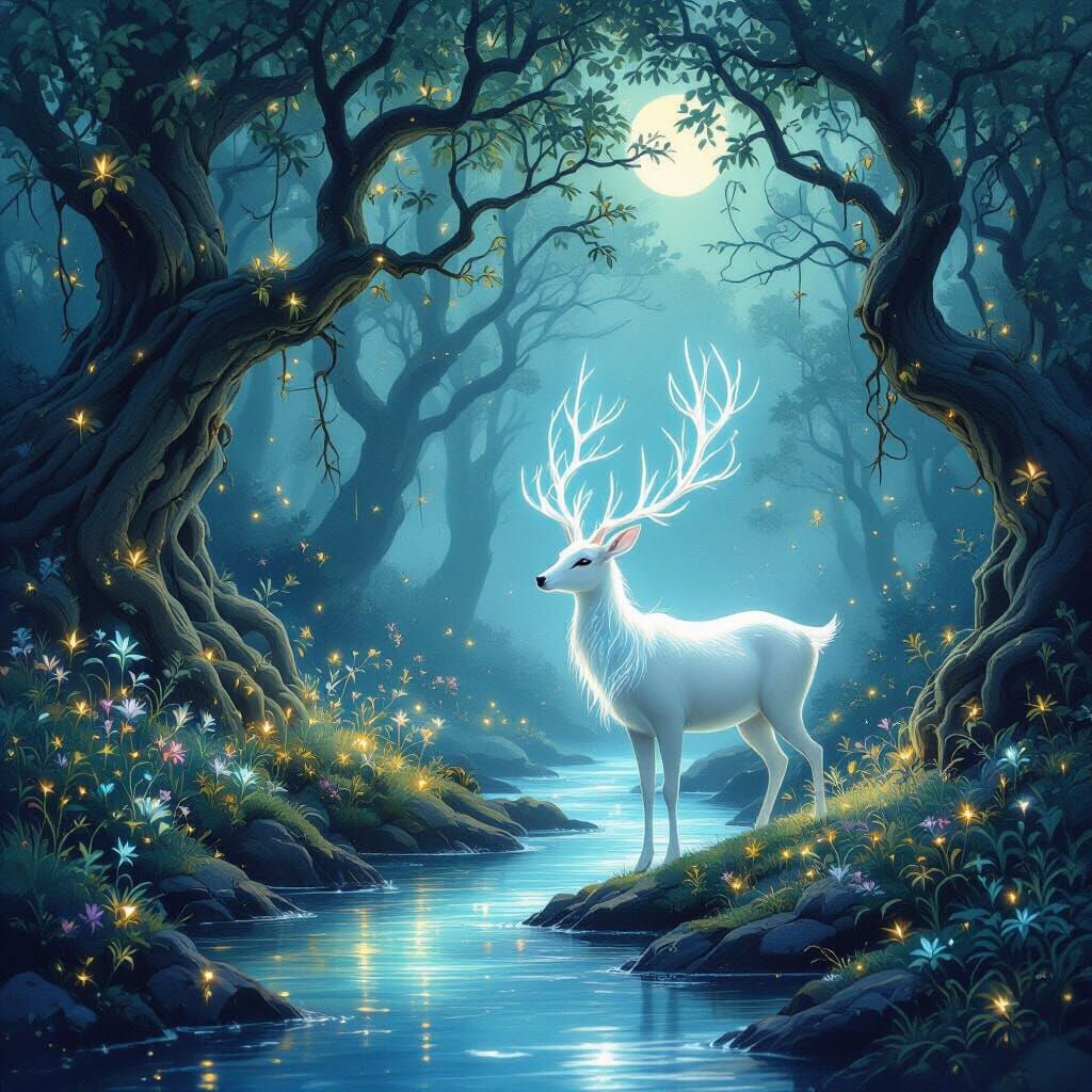Ethereal Forest Spirit Doe with Glowing Antlers by Stream
