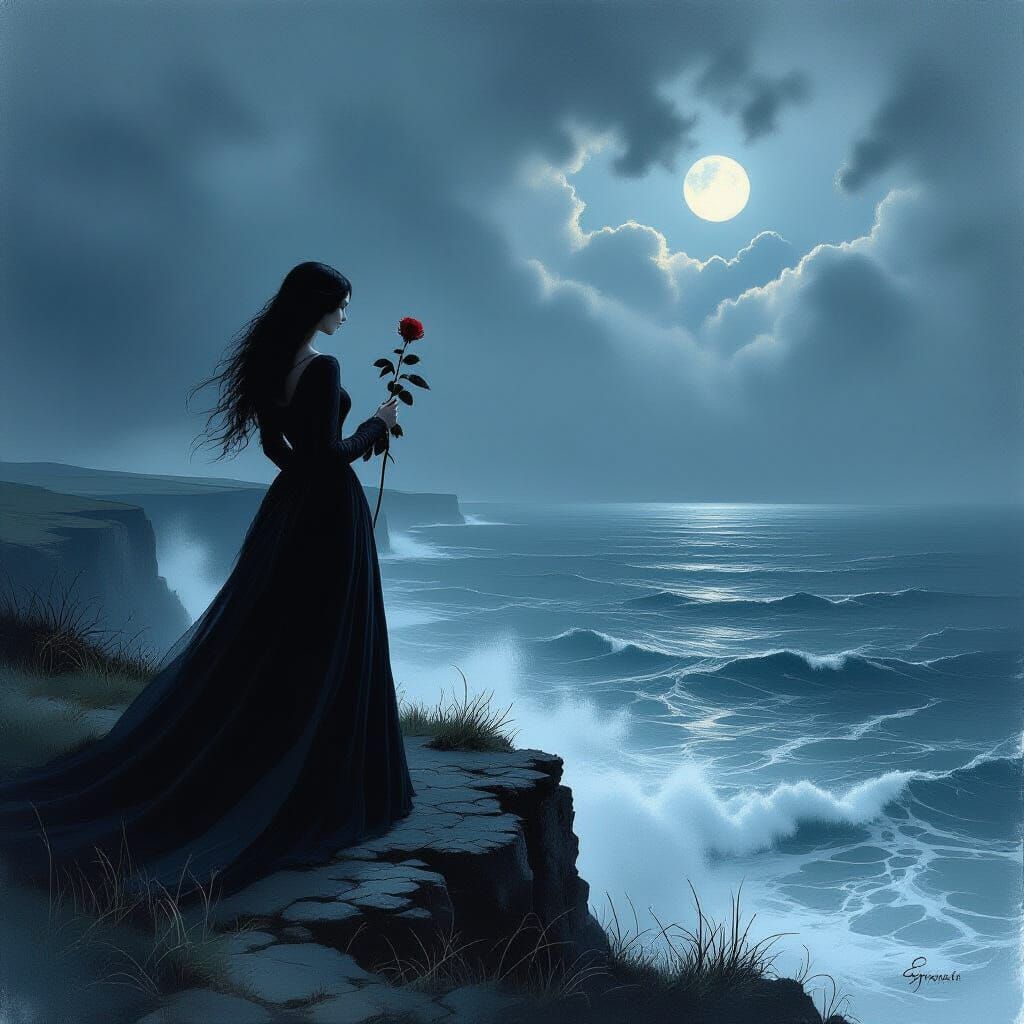 Woman on Cliff Overlooking Stormy Sea in Gothic Style