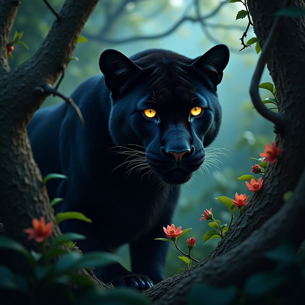 Black Panther's Glowing Eyes in Jungle Ambiance