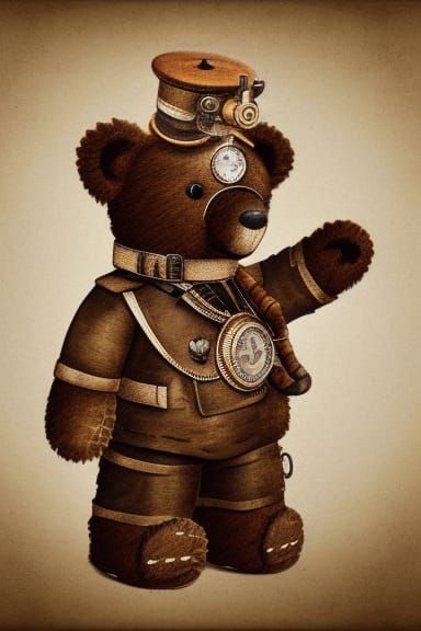 Steampunk Teddy Bear Soldier in Watercolor Style