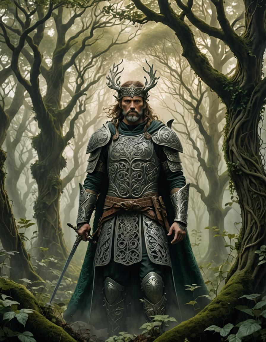 Celtic Warrior in Mystical Forest, Art Nouveau Style