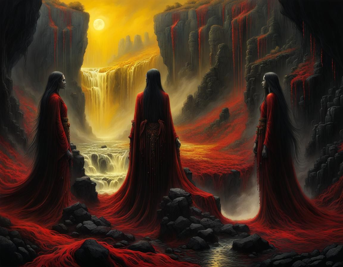 Dark Surreal Abyss: Dancing Spirits Form Waterfalls