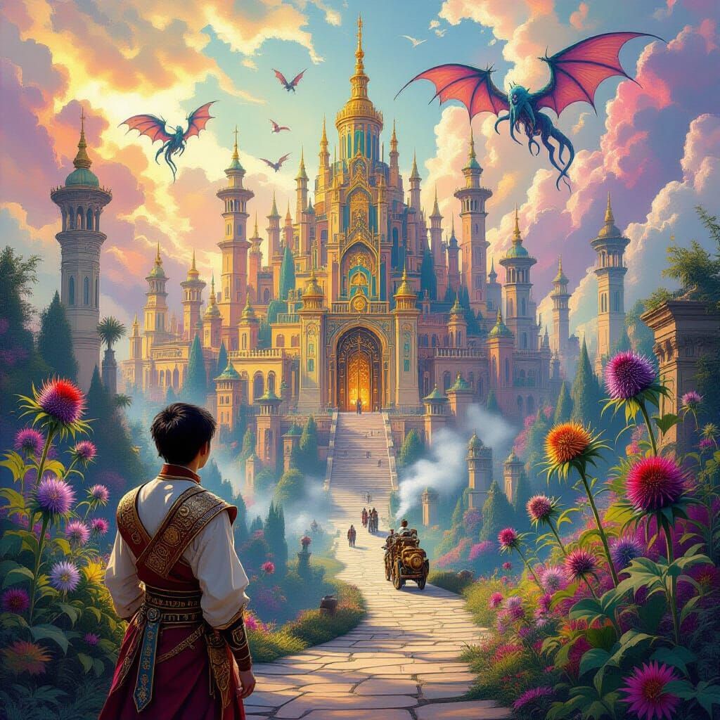 Thai Man Views Mystical Cityscape in Dreamlike Style