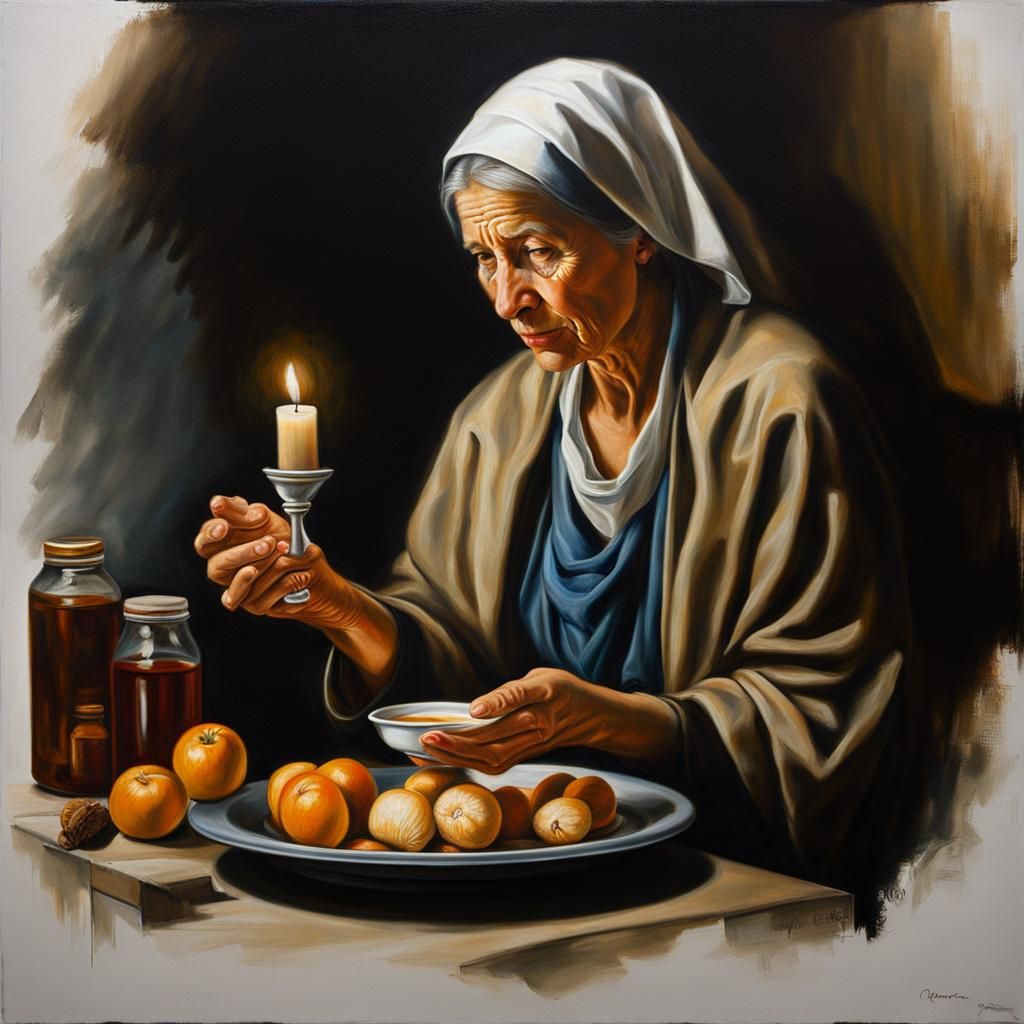 Homeless Woman Receives Communion: Baroque Oil Painting