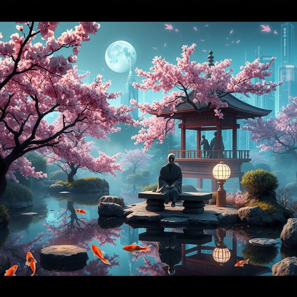 Futuristic Japanese Garden Tea Ceremony in Vibrant Color