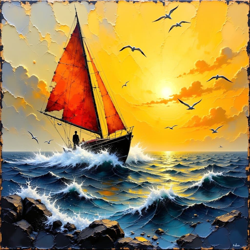 Dynamic Sailing Boat at Sunset in Impasto Style