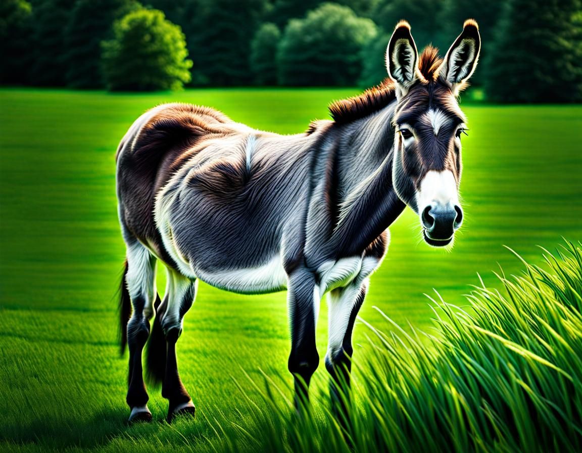 Donkey in Green Pasture: Hyperrealistic Masterpiece