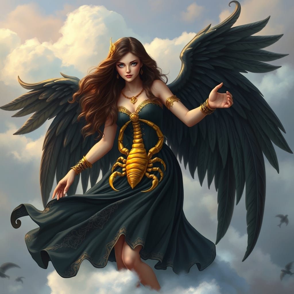 Ethereal Goddess in Gold and Black, Standing on Clouds with ...