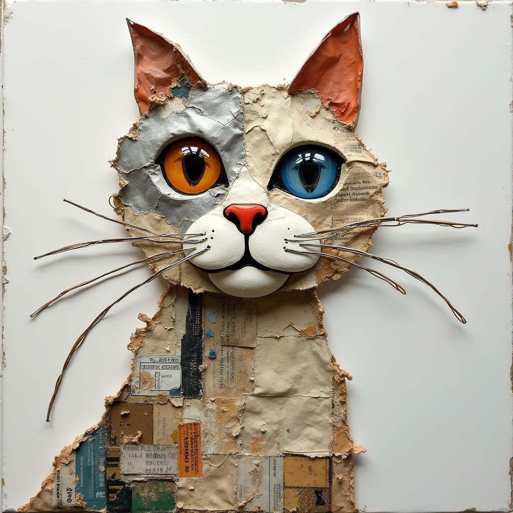 Surreal Whimsical Assemblage of a Cat Made from Trash and Pa...