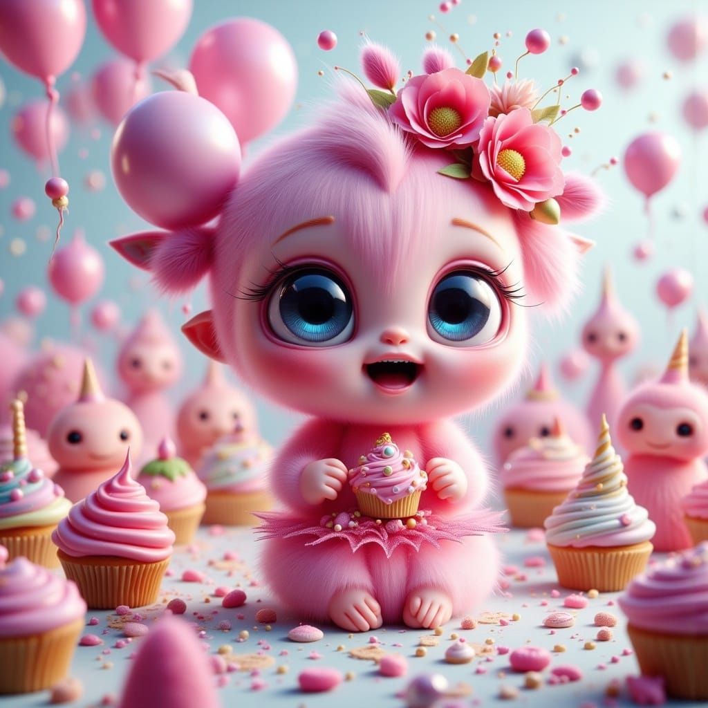 Cute Pink Monster with Flowers and Balloons