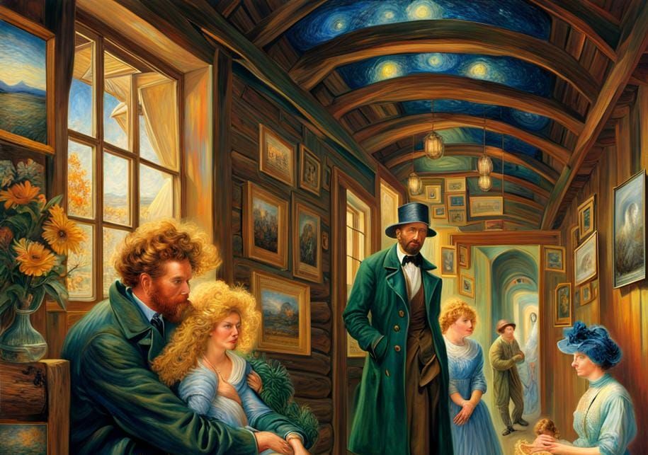 Melancholic Man Hugging Girl in Log Cabin