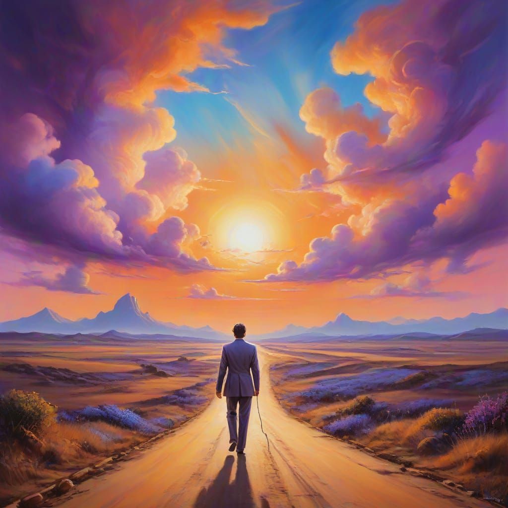 Surrealist Figure at Dusk in Vibrant Oil Painting