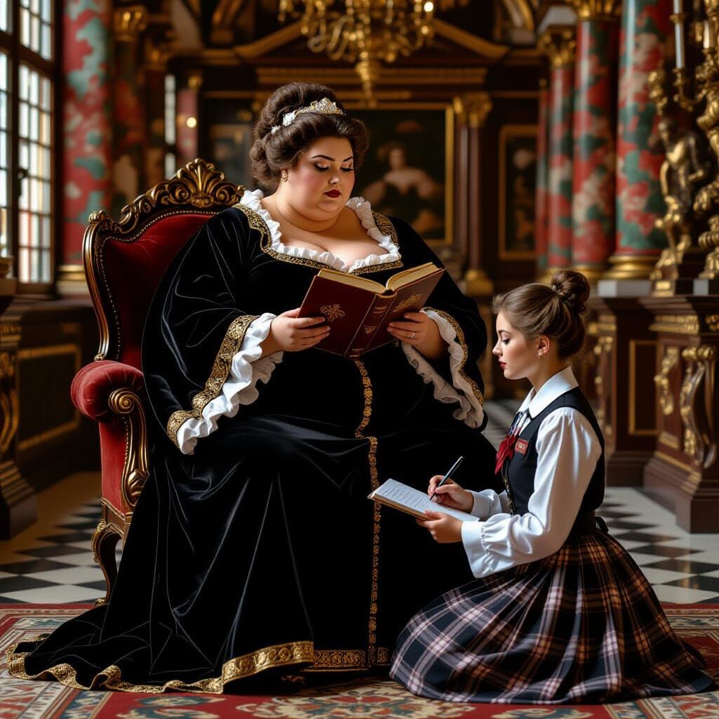 Giant Woman with Book in Baroque Setting, Caravaggio Style