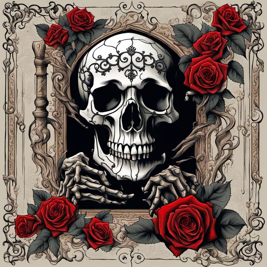Gothic Skull and Roses in Dark Comic Style