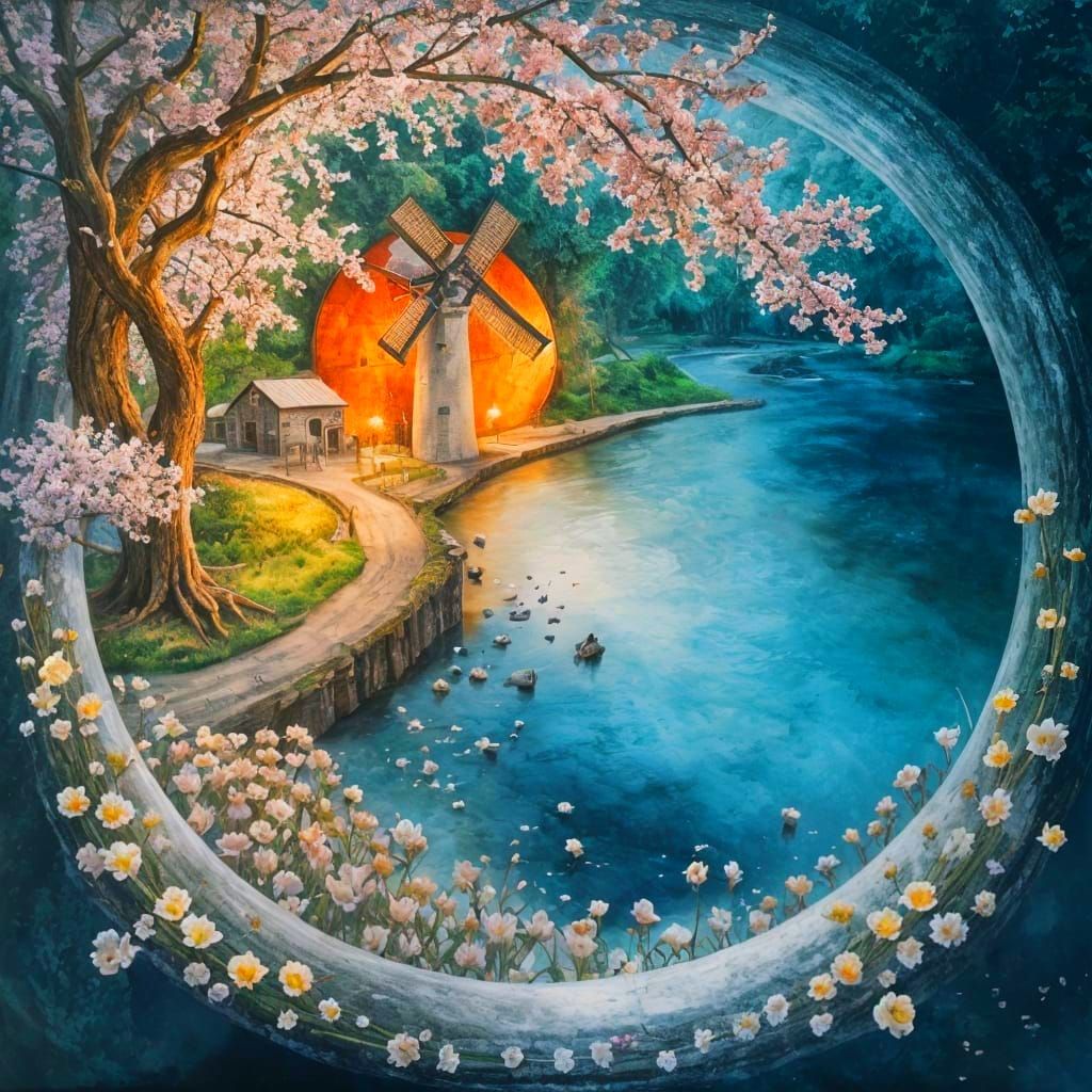 Dutch Windmill in Vibrant Flower Field Painting